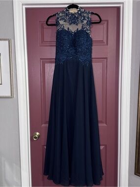 Source Unknown Navy Blue Lace Appliqué Prom Dress
